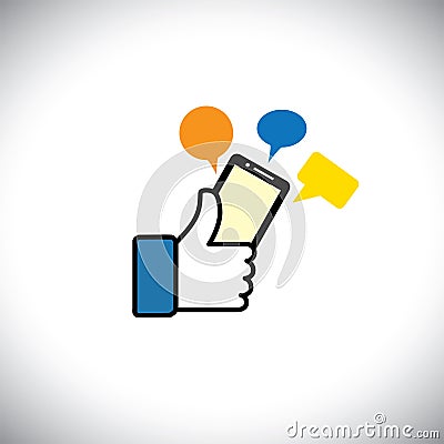 Like hand symbol of thumbs up with phone messaging - vector icon Vector Illustration