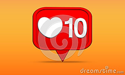 Like Heart Bubble 3D Render Social Media Icon. Three-dimensional Balloon Shape with Red love heart and 10 likes Stock Photo