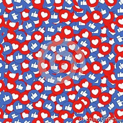 Like and heart icons seamless background. Thumbs up and red heart buttons stream for live video chat or application. Vector. Vector Illustration