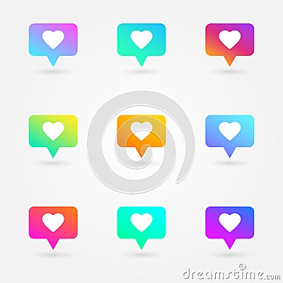 Like and heart icons set. Social network symbol. Counter notification icons. Social media elements. Bright gradients collection. E Vector Illustration