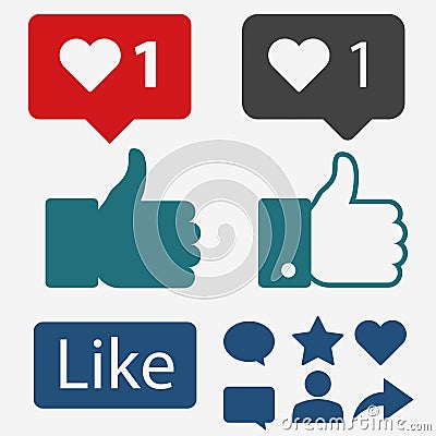 Like Icon. Flat Hand, Thumbs up and heart. Vector Vector Illustration