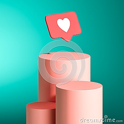 Like Icon On Showcase Living Coral Color. Concept Of Dependence From Social Media. 3d rendering Stock Photo