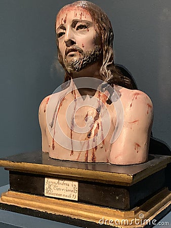 Andrea de Mena sculpture Ecce Homo , bloody Jesus Christ at the Royal Academy in London 2023 Editorial Stock Photo