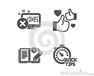 Like, Reject access and Engineering documentation icons. Quick tips sign. Thumbs up, Delete device, Manual. Vector Vector Illustration