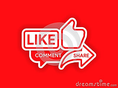 Like, share, comment icon for youtube. Video blogging call to action. Vlog trigger for reaction. Push to feedback Vector Illustration