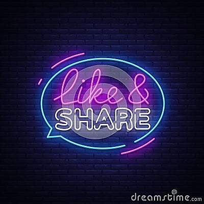 Like Share neon sign vector design template. Social networks neon text, light banner design element colorful modern Vector Illustration