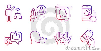 Like, Startup and Head icons set. Algorithm, Breathing exercise and Ranking signs. Vector Vector Illustration