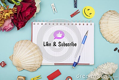 Like and Subscribe banner with sea sheel and flowers Stock Photo