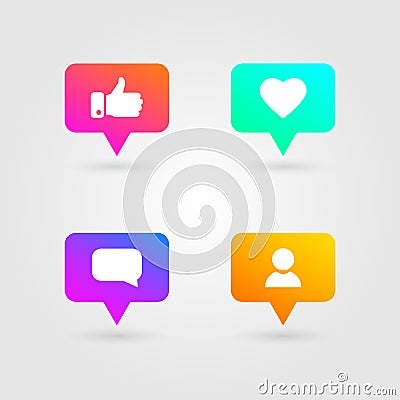 Like, thumbs up and love icons set. Social media elements. Bright gradients collection. Social network icons. Counter notification Vector Illustration