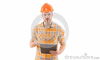 We like to build. Constructing engineer isolated on white. Build laborer or builder on site. Design and build Stock Photo