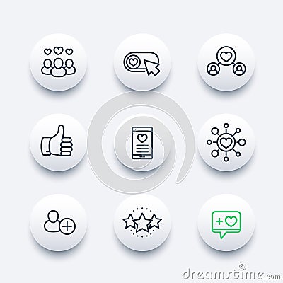 Likes, followers, hearts, rating icons set Vector Illustration