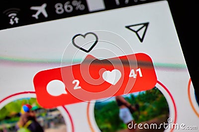 Likes and unread message notifications on Instagram Editorial Stock Photo