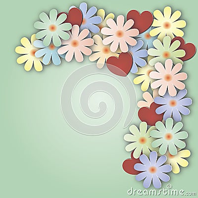 Lilac background with bouquet of flowers and hearts. Stock Photo