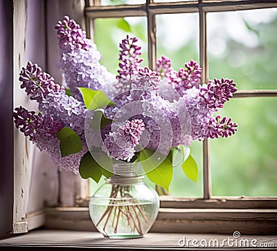 Lilac Bouquet In Farmhouse Window Stock Photo