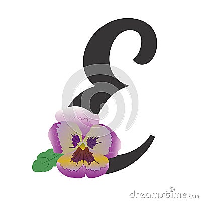 Lilac floral pansy letter E. Font decorated of a garden violet. Vector Illustration