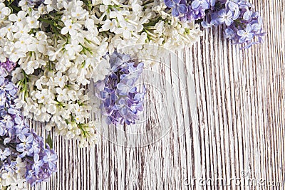 Lilac Flowers Bouquet on Wooden Plank Background Stock Photo