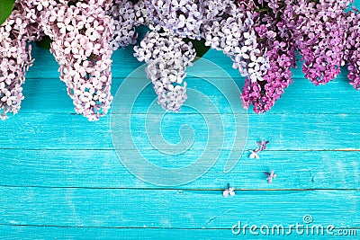 Lilac Flowers Bouquet on Wooden Plank Background Stock Photo