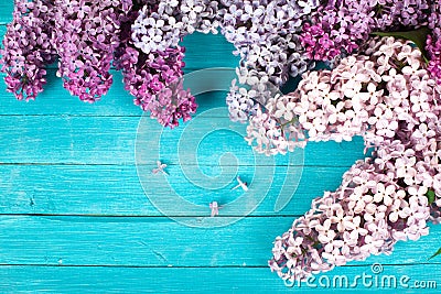 Lilac Flowers Bouquet on Wooden Plank Background Stock Photo