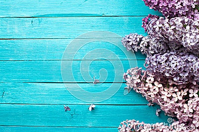 Lilac Flowers Bouquet on Wooden Plank Background Stock Photo