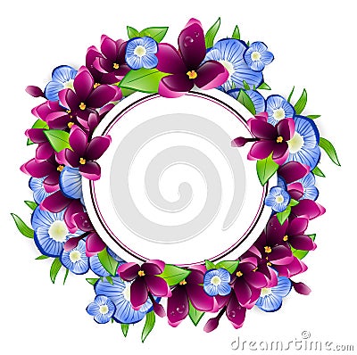 Lilac and Forget-me-not Flower Round Frame Vector Illustration