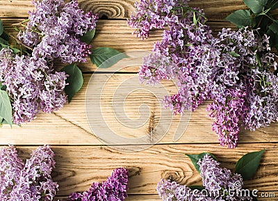 Lilac frame on the wood background Stock Photo