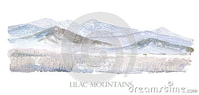 Watercolor mountains landscape. Valley landscape. Stock Photo