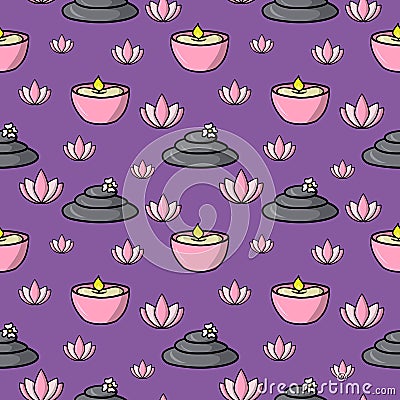 Lilac pattern for spa. Lotus, Scented candles, relaxation and spa, seamless square pattern Stock Photo