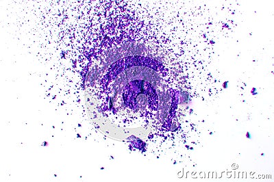 Lilac or purple eyeshadow, scattered crumbs isolated on white background, beauty and makeup concept Stock Photo