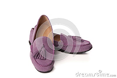 Lilac suede woman`s moccasins shoes isolated on white Stock Photo