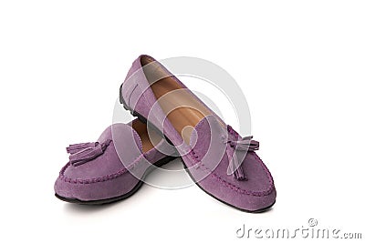 Lilac suede woman`s moccasins shoes isolated on white Stock Photo