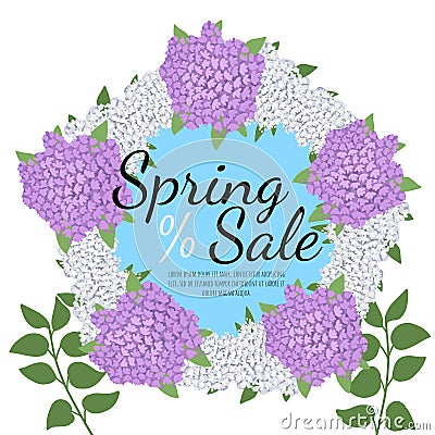 Lilac white and lilac. Round frame of flowers and branches of a plant. Vector Illustration