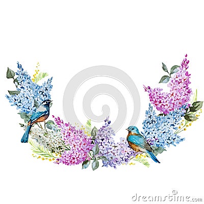 Lilac wreath and birds Vector Illustration