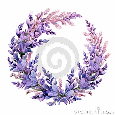 Lilac Wreath With Pressed Lavender Flowers: Watercolor Style Stock Photo