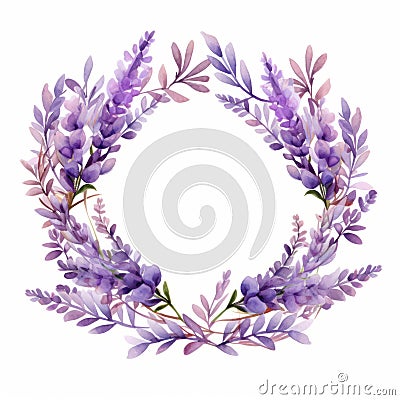 Lilac Wreath With Pressed Lavender Flowers: Watercolor Style Stock Photo