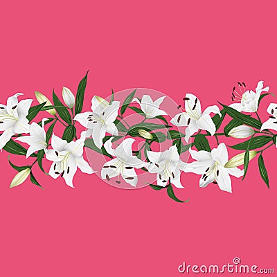 Lilies active pink horizontal seamless vector banner Vector Illustration