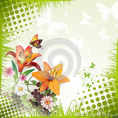 Lilies and butterflies Vector Illustration