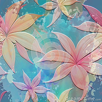 Lilies flowers textured 3d seamless pattern. Floral embossed watercolor blue background. Grunge dirty tropic colorful backdrop. Vector Illustration