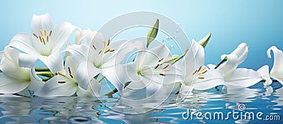 lilies of white flowers and lily grass on a bright bluewhite background, Stock Photo