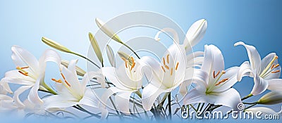 lilies of white flowers and lily grass on a bright bluewhite background, Stock Photo