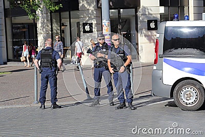 Police officers guarding the road during bomb threat Editorial Stock Photo