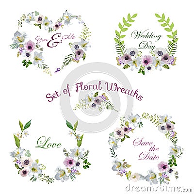 Lily and Anemone Flowers Floral Wreaths Banners and Tags Vector Illustration