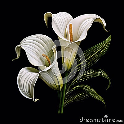 Detailed Character Illustration Of White Calla Lilies On Black Background Stock Photo