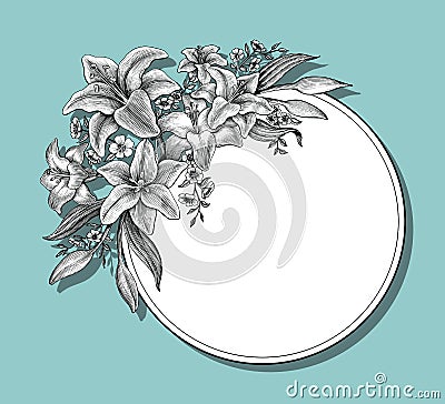 Lily flowers hand drawing vintage card on blue background Vector Illustration