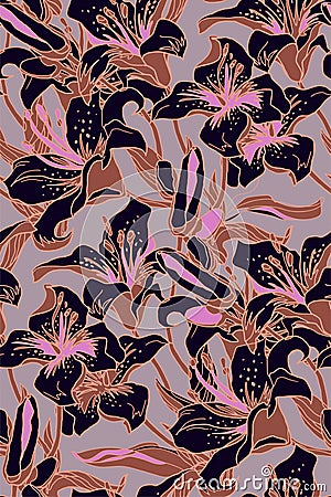 Lily flowers modern seamless pattern in trendy boho colors. Vector Illustration