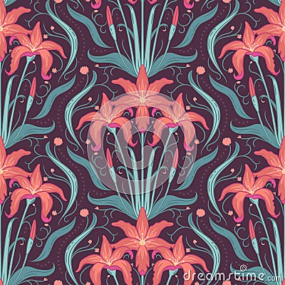 Lily flowers ornamental seamless pattern with floral elements. Texture for wallpapers, fabric, wrap, web page backgrounds, vector Vector Illustration
