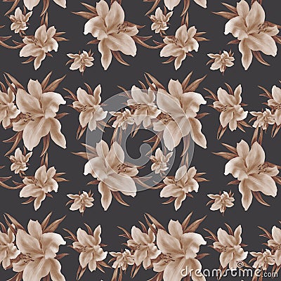 Lily flowers - wallpaper. Drawing pastel. Seamless pattern. Stock Photo