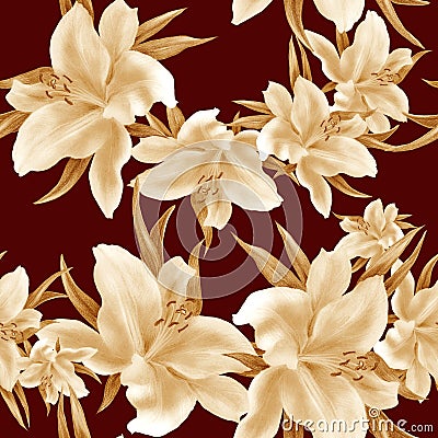Lily flowers - wallpaper. Drawing pastel. Seamless pattern. Wallpaper. Stock Photo