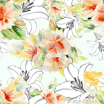 Lily graphic flowers with bouquet flowers of watercolor. Seamless pattern. Lime green version. Cartoon Illustration