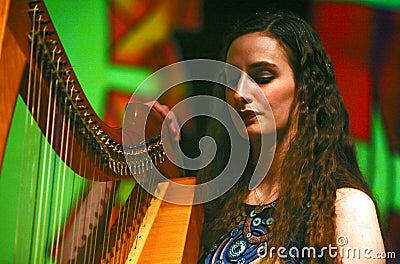 Lily Neill harpist performing at Vicar Street, Dublin, Ireland Editorial Stock Photo