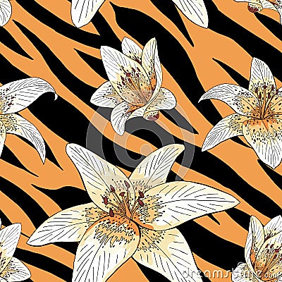 Lily tiger type on tiger skin pattern seamless Vector Illustration